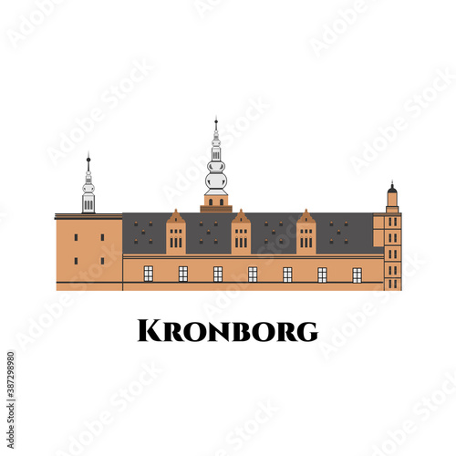 Kronborg castle, Helsingor (Elsinore), Denmark. Fantastic view and history. Recommended for tourist visit this beautiful place. Flat cartoon style historic sight showplace vector illustration