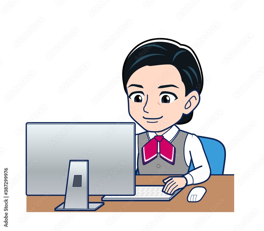 Middle-aged woman in red ribbon uniform Middle-aged woman in red ribbon uniform