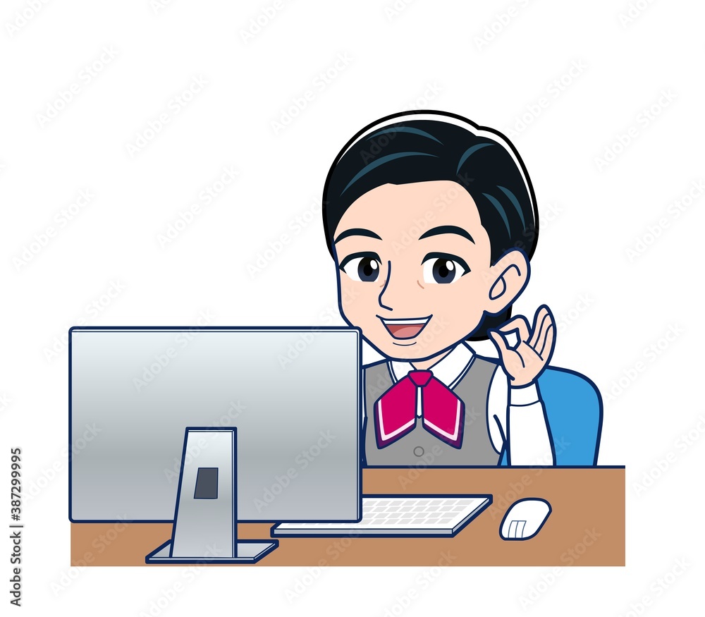 Middle-aged woman in red ribbon uniform Middle-aged woman in red ribbon uniform