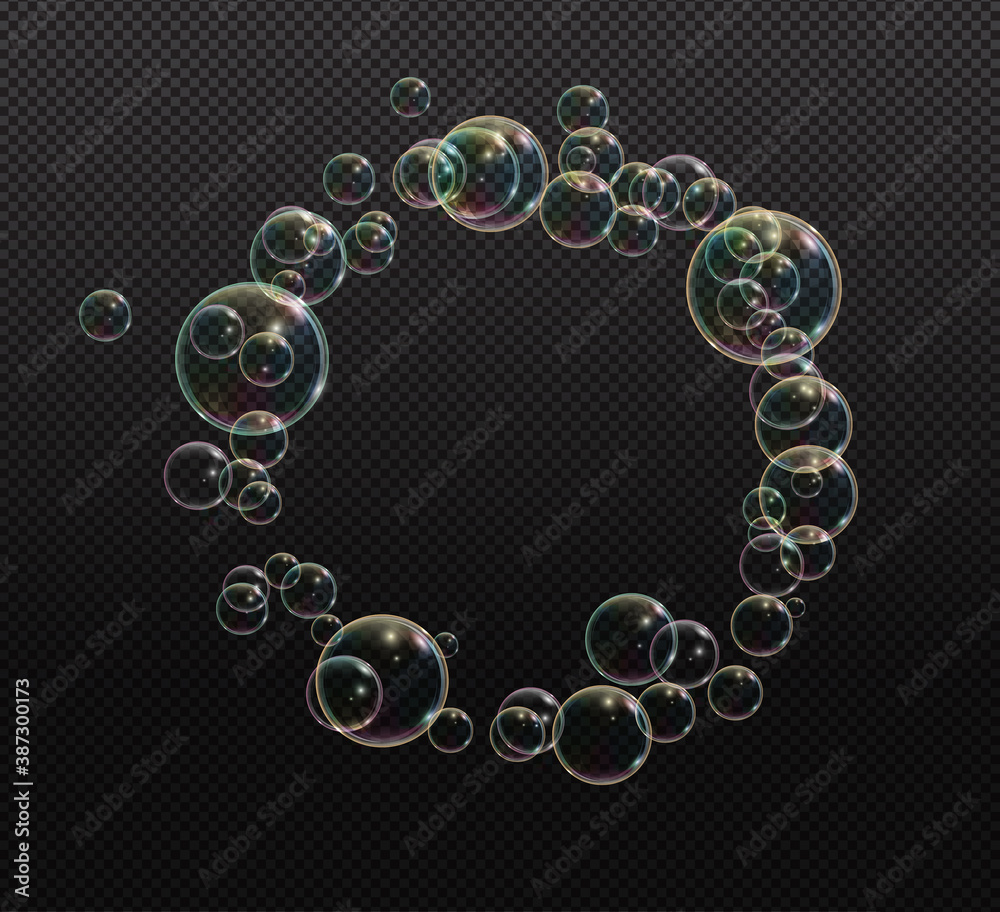 Fototapeta premium Bath foam soap with neon bubbles isolated vector illustration on transparent background. Colorful cloud of blowing bubbles and soapy foam.