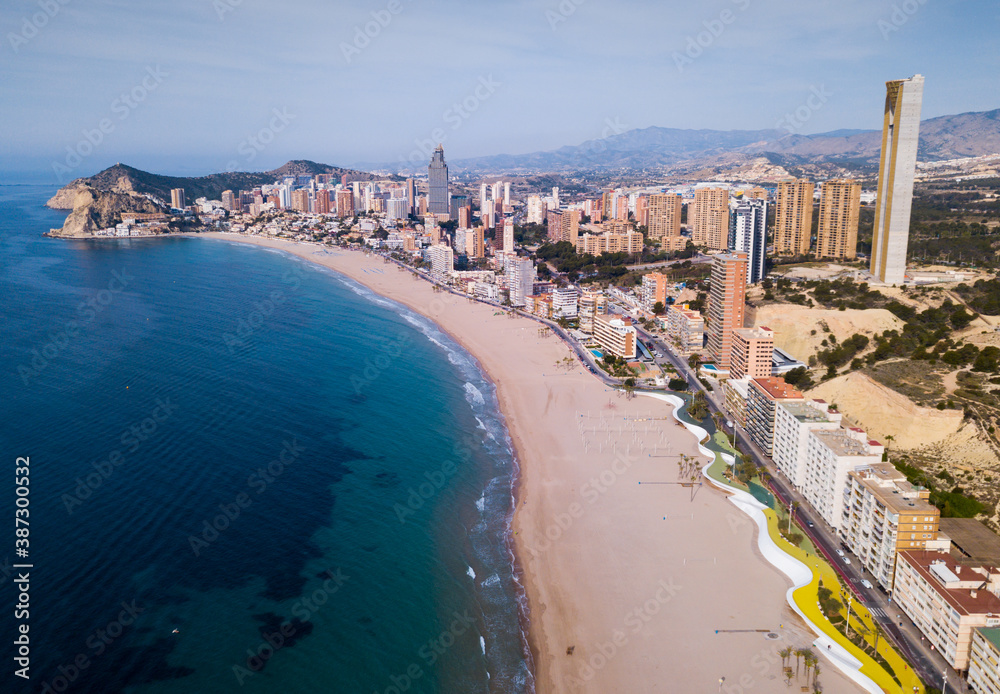 Aerial view of coast at Benidorm cityscape with a modern apartment buildings, Spain
