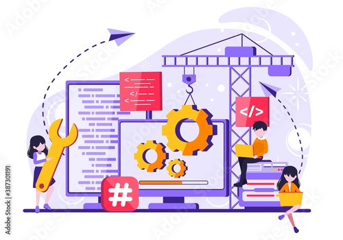 a maintenance system that is being worked on by a group of people. tiny people illustration. Vector illustration