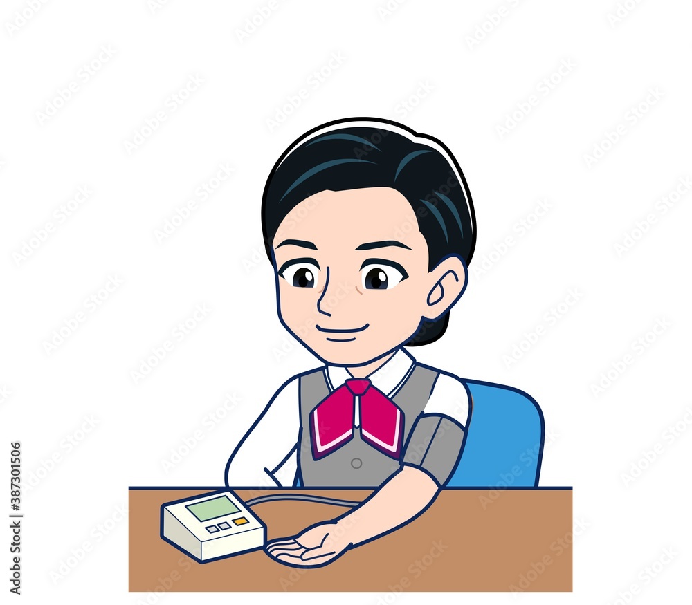 Middle-aged woman in red ribbon uniform Middle-aged woman in red ribbon uniform