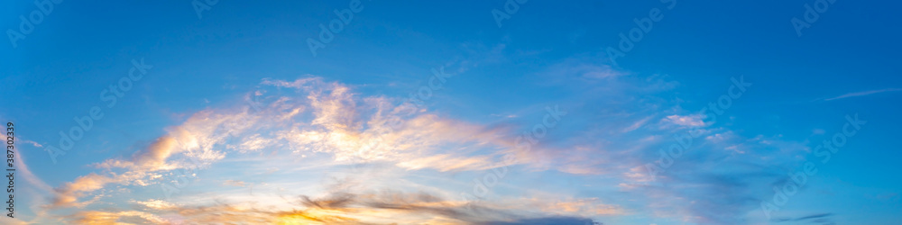 Twilight panorama sky background with colorful cloud in dusk. Panoramic image.