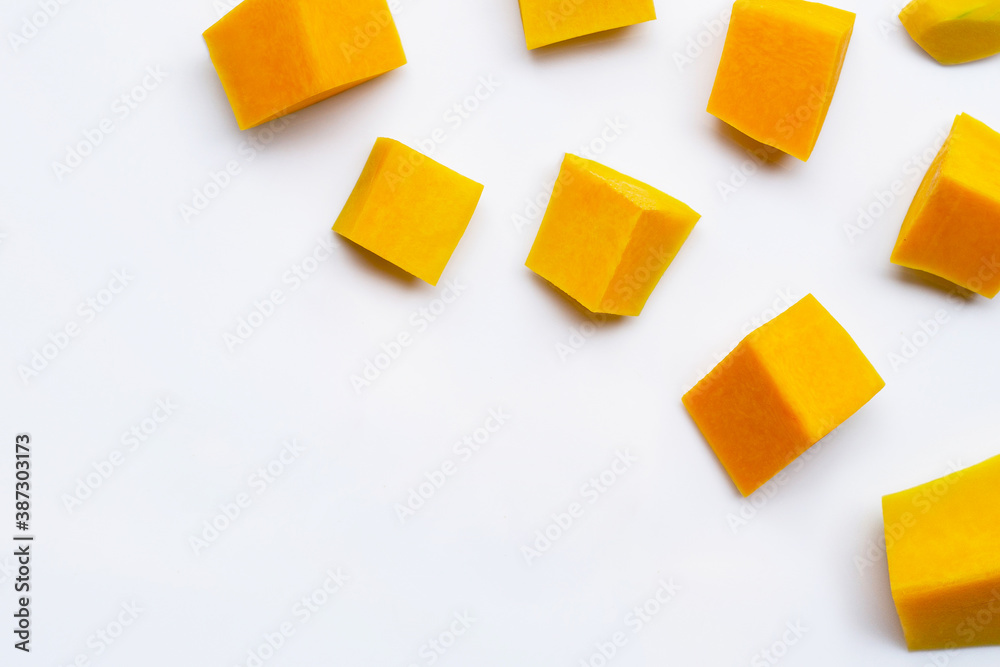 Cut and slices butternut squash on white background. Cut and slices butternut squash on white background.