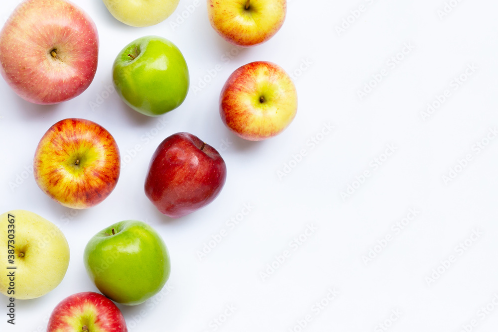 fresh juicy apples on white background. Copy space