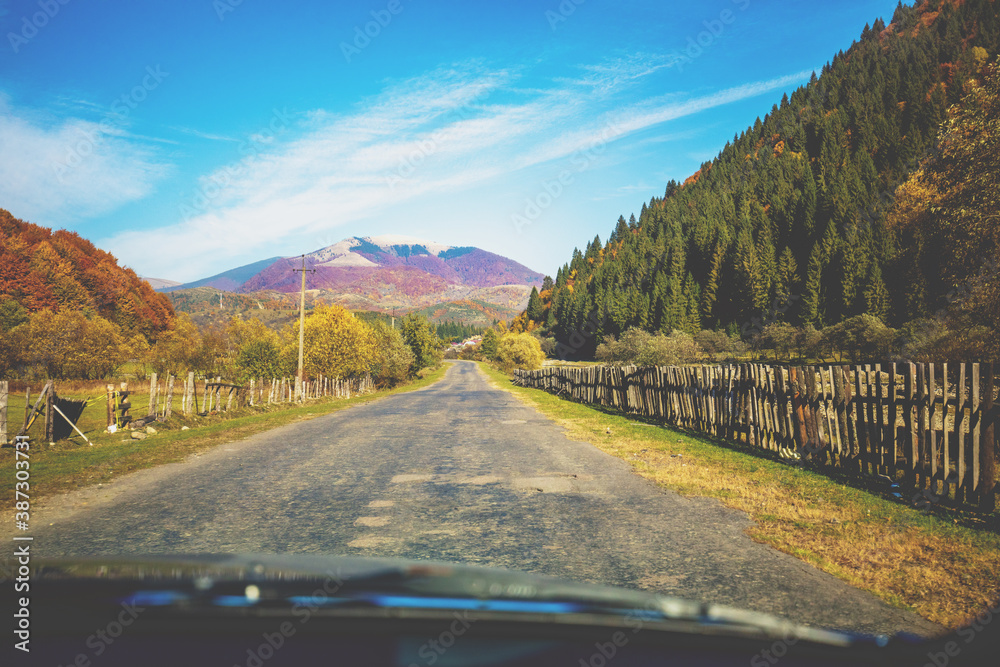 View of the mountain road in autumn. Carpathian mountains. Ukraine
