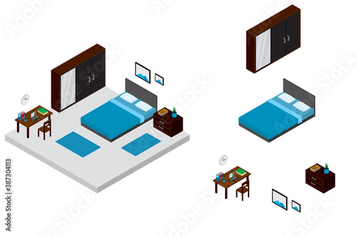 Isometric interior, room of a house, cutaway icon. light bedroom. Home furniture. Blue bed, cabinets, work desk, books, pictures. Vector illustration