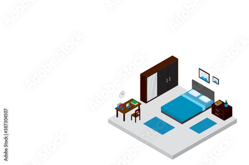 Isometric interior, room of a house, cutaway icon. light bedroom. Home furniture. Blue bed, cabinets, work desk, books, pictures. Vector illustration