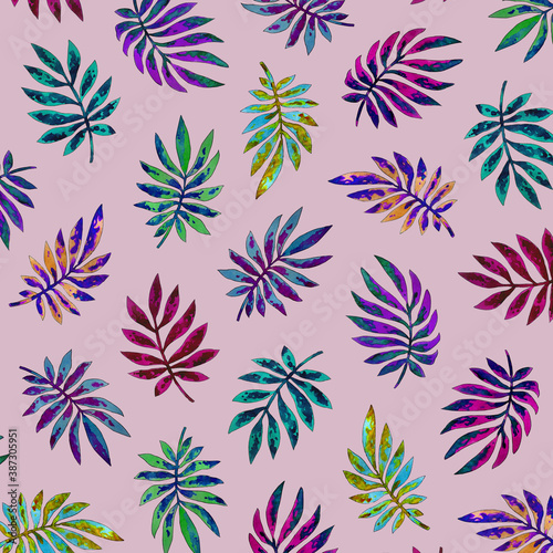 pattern of multicolored palm leaves painted in watercolor on a pink background