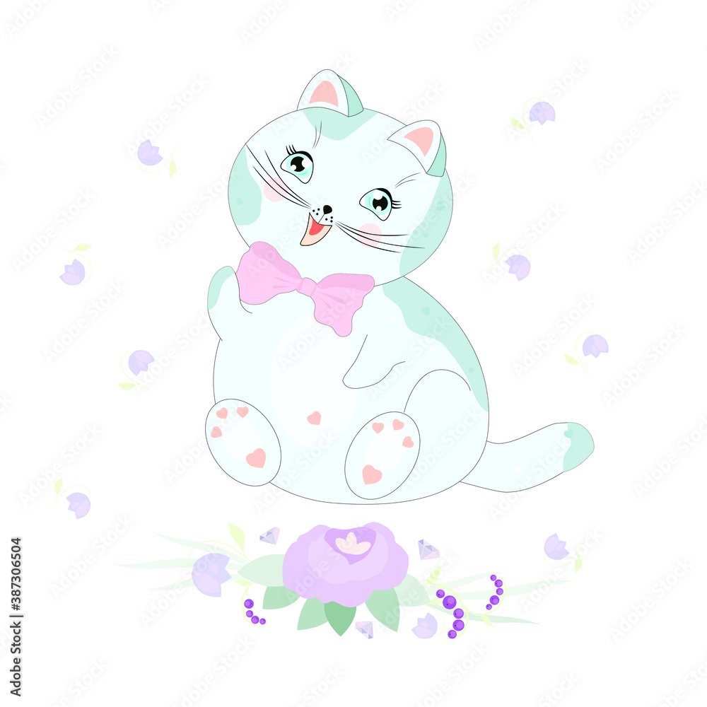 Cute cat with flowers and a pink bow. Vector illustration. Cute cat with flowers and a pink bow. Vector illustration.