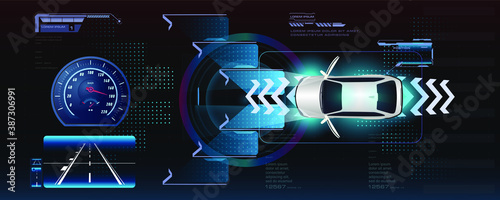 Automatic braking system avoid car crash and accidents.  Autonomous vehicle movement. Smart car with sensors that scan the road. Driving control system without driver assistance. Safe driving