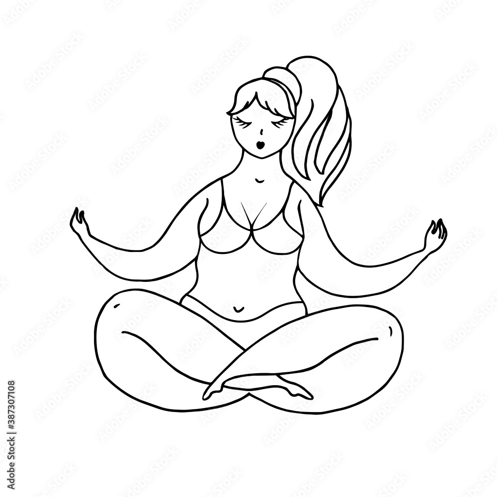 The lady meditates in the lotus position. Linear drawing. Vector illustration. The lady meditates in the lotus position. Linear drawing. Vector illustration.