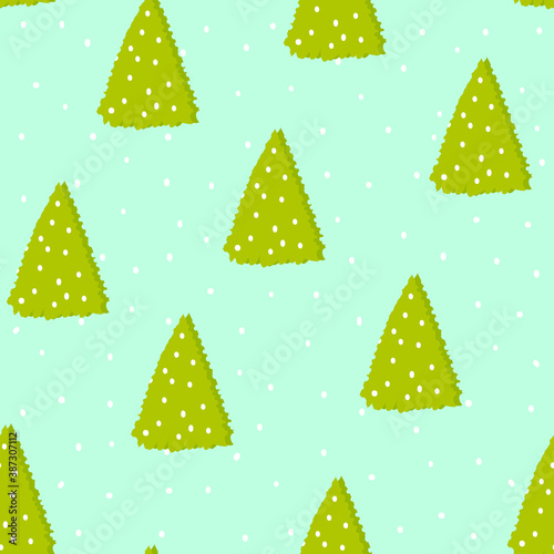 Seamless hand drawn pattern for christmass or new year with cute pine tree and snowflakes on blue background,template for textile,wallpaper,packaging and wrapping paper, cover design,holiday © Maryna