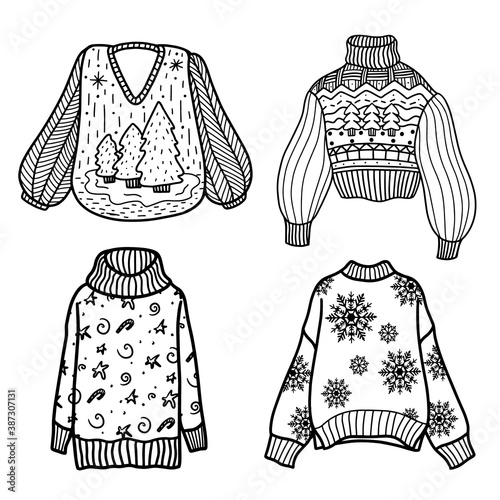 Set of knitted sweaters and jumpers isolated on a white background. Vector illustration in Doodle style. Design for New year and Christmas. winter clothes