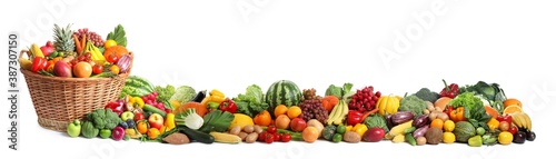 Fototapeta Naklejka Na Ścianę i Meble -  Collection of fresh organic vegetables and fruits on white background. Banner design