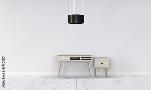 Modern workspace with desk and lamp in minimalistic interior