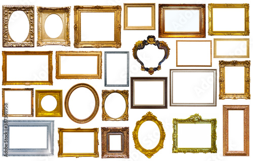Set of isolated art empty frames in golden and silvery color