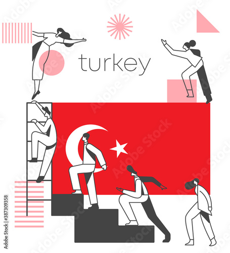 Group of office workers climbing the stairs of success with national flag and geometrical elements isolated on white background :  Vector Illustration