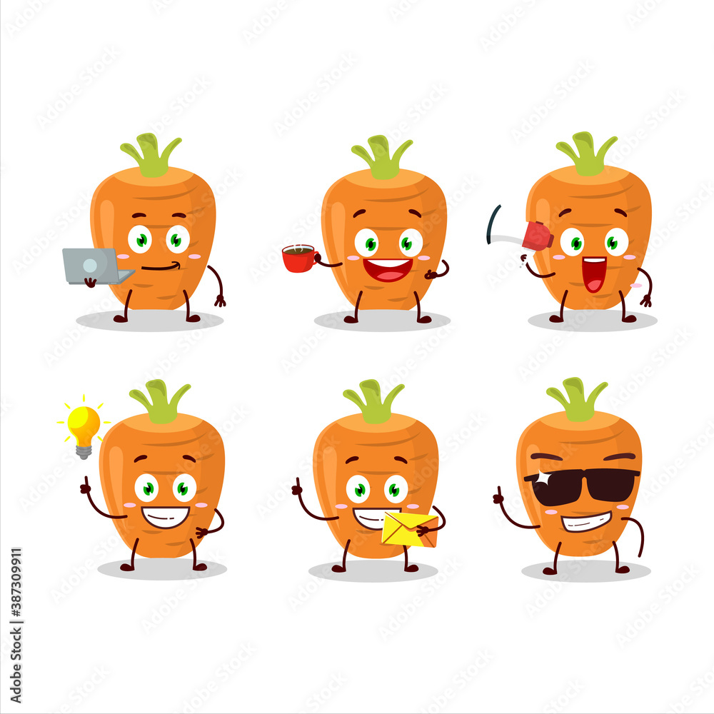 Sweet carrot cartoon character with various types of business emoticons