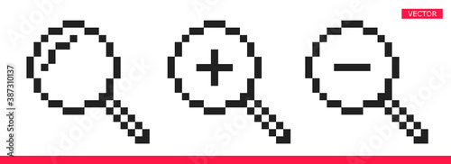 Pixel magnifier icon sign cursor vector illustration set flat style design isolated on white background. Searching or zooming tool symbol magnifying glass icon.