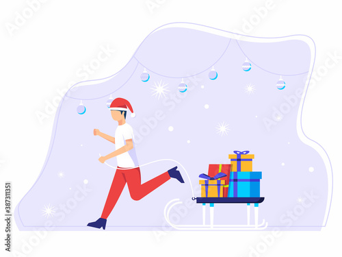 Wallpaper Mural Man pulls up a surfboard filled with presents for Christmas in winter. vector illustration. Torontodigital.ca