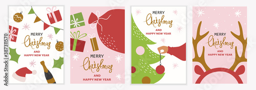 Happy new year and christmas 2021. Set of colorful templates for banners, flyers, posters, cards, brochures. Christmas tree and gifts. Cartoon flat design. Vector illustration. Calligraphic text.