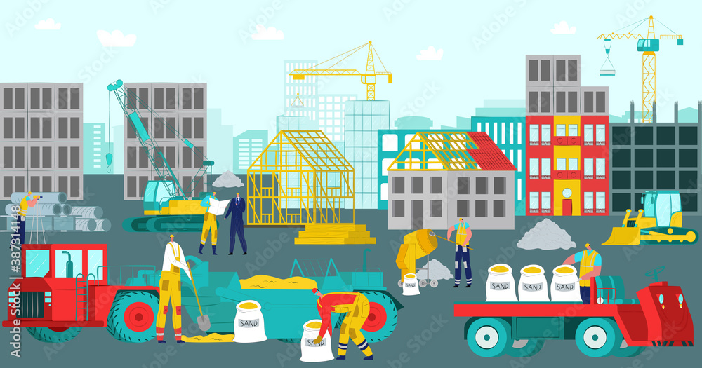 Construction site, vector illustration. Build house work design, building industry with worker background. Crane equipment at flat architecture future home, industrial development. - obrazy, fototapety, plakaty 