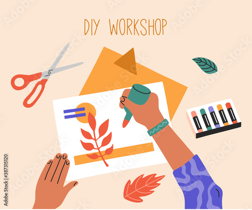 Hand made process, creative workshop, top view on child cutting paper, educational courses for children, top view. Hand drawn illustration in trendy cartoon flat style, isolated on beige background. 