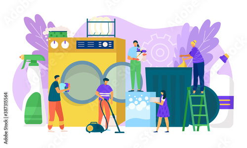 People character near flat washing machine, cleaning service vector illustration. Cartoon man woman at clean laundry design banner. Equipment for wash banner, domestic work in house.