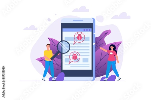 Vulnerability and bugs search or scan, finding malware concept.  Vector illustration.