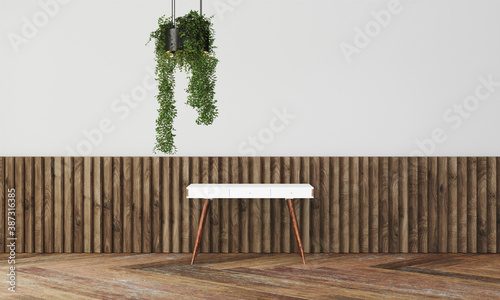 Modern workspace with desk and lamp in minimalistic interior