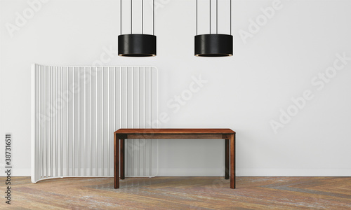 Modern workspace with desk and lamp in minimalistic interior
