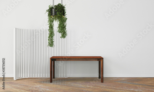 Modern workspace with desk and lamp in minimalistic interior