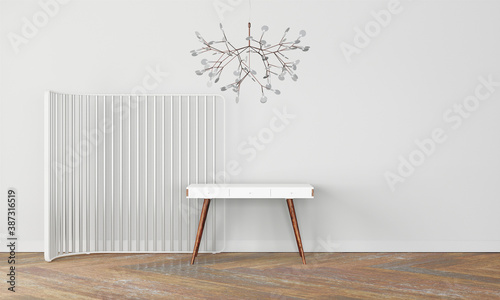 Modern workspace with desk and lamp in minimalistic interior