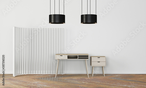 Modern workspace with desk and lamp in minimalistic interior