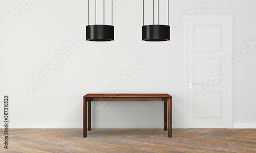 Modern workspace with desk and lamp in minimalistic interior