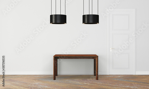 Modern workspace with desk and lamp in minimalistic interior