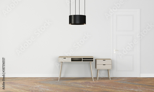 Modern workspace with desk and lamp in minimalistic interior