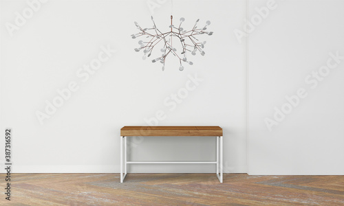 Modern workspace with desk and lamp in minimalistic interior