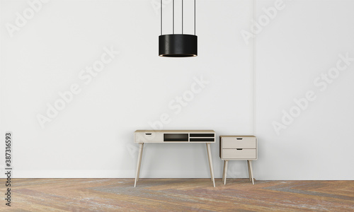 Modern workspace with desk and lamp in minimalistic interior