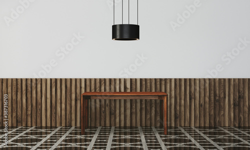 Modern workspace with desk and lamp in minimalistic interior
