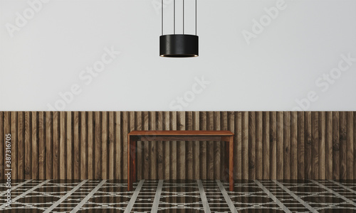 Modern workspace with desk and lamp in minimalistic interior