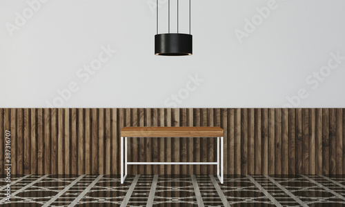 Modern workspace with desk and lamp in minimalistic interior