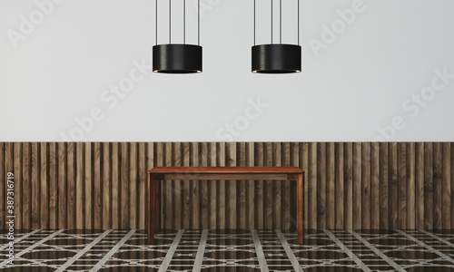 Modern workspace with desk and lamp in minimalistic interior