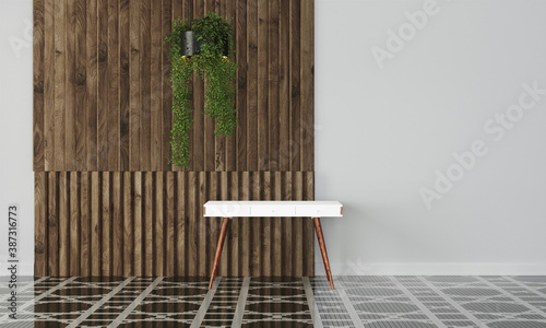 Modern workspace with desk and lamp in minimalistic interior