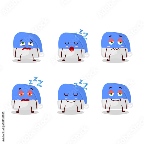 Cartoon character of blue santa hat with sleepy expression