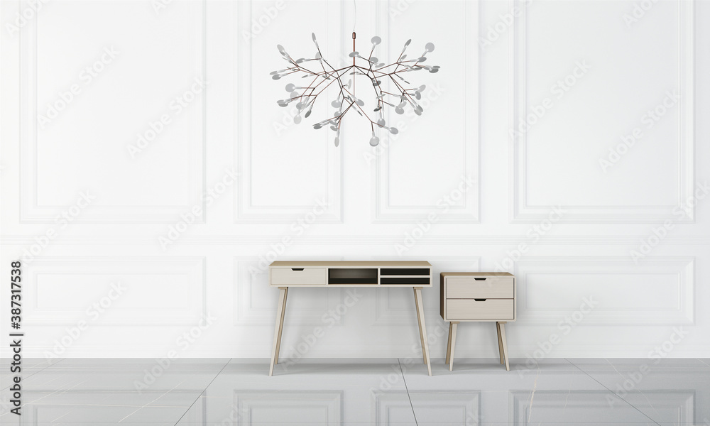 Fototapeta premium Modern workspace with desk and lamp in minimalistic interior