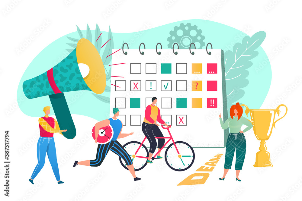 Monitor business team work concept, vector illustration. Flat man woman employee people at office, job modern workplace design. Graphic business creative teamwork at corporate company.