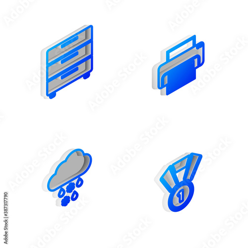 Set Isometric line Printer, Furniture nightstand, Cloud with snow rain and Medal icon. Vector.